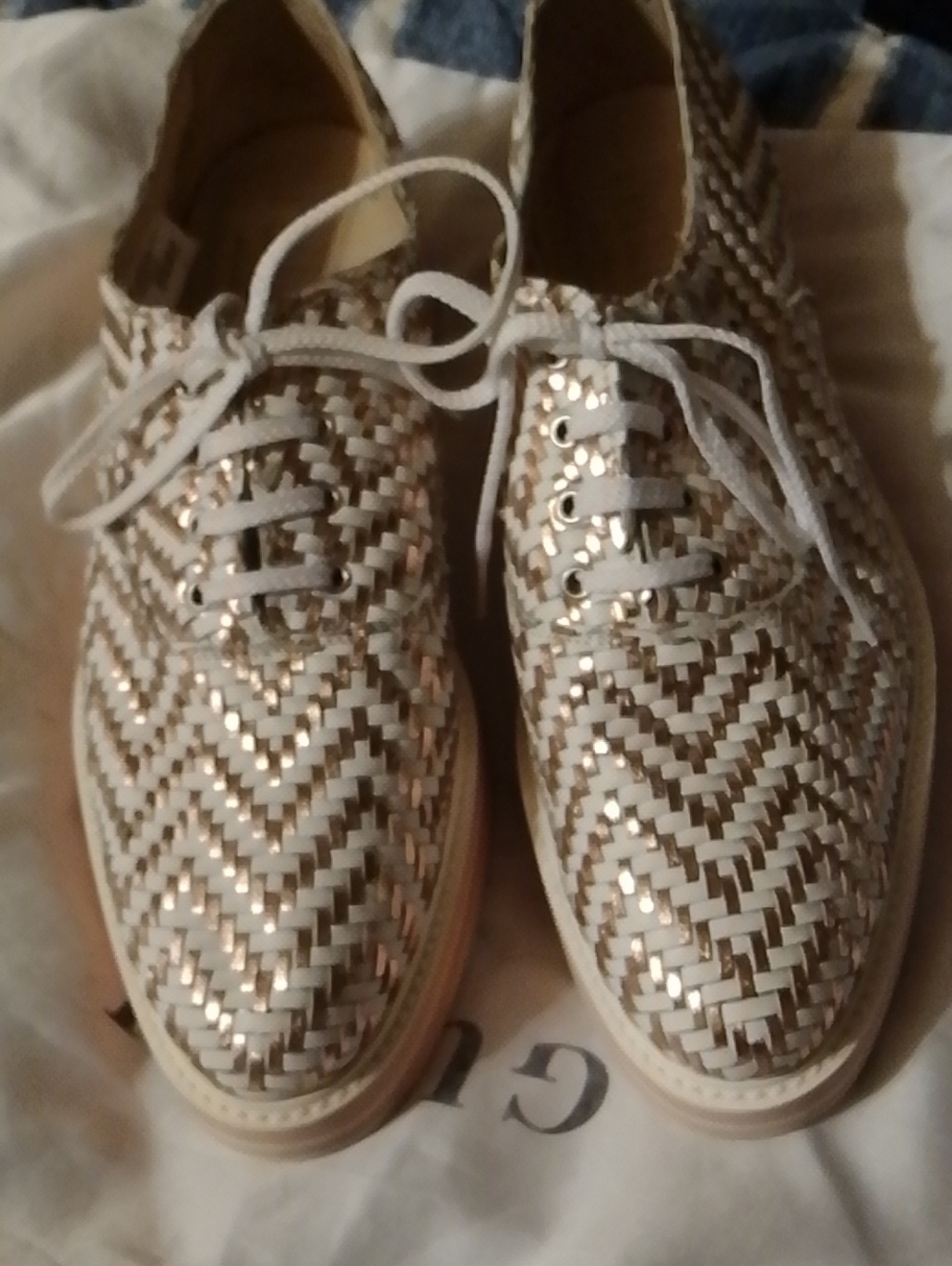 Woven Lace-Up Wedges in White and Gold